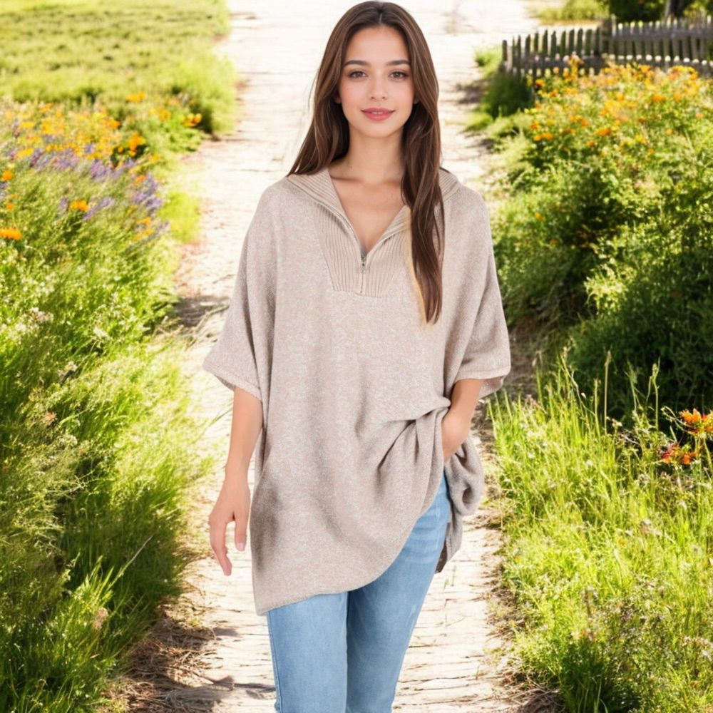 Short Sleeve Knit Pullover with Quarter Zip Collar