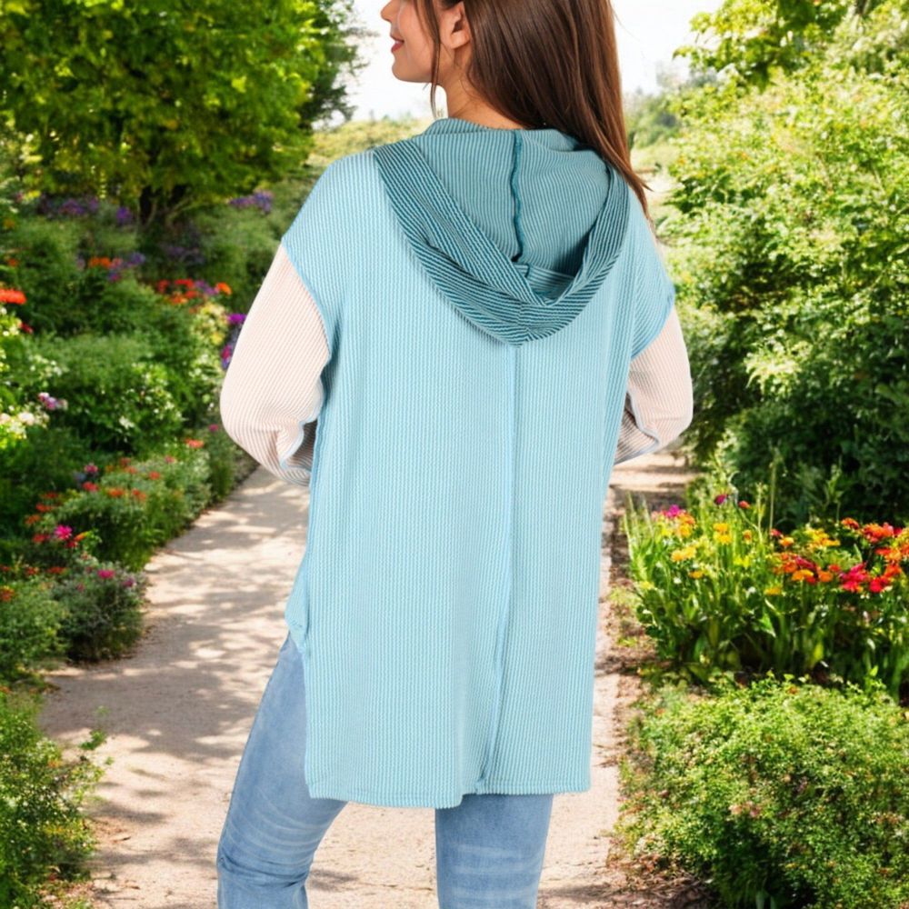 Color Block Long Sleeve Hooded Pullover with Kangaroo Pocket