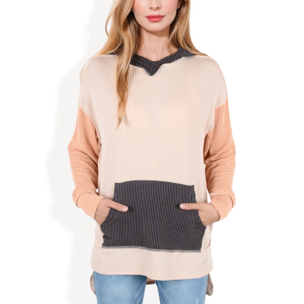 Color Block Long Sleeve Hooded Pullover with Kangaroo Pocket