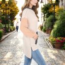 Beige Large Color Block Long Sleeve Hooded Pullover with Kangaroo Pocket