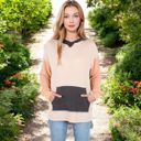 Beige Large Color Block Long Sleeve Hooded Pullover with Kangaroo Pocket