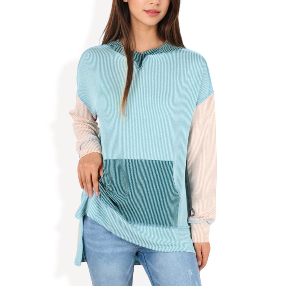 Color Block Long Sleeve Hooded Pullover with Kangaroo Pocket