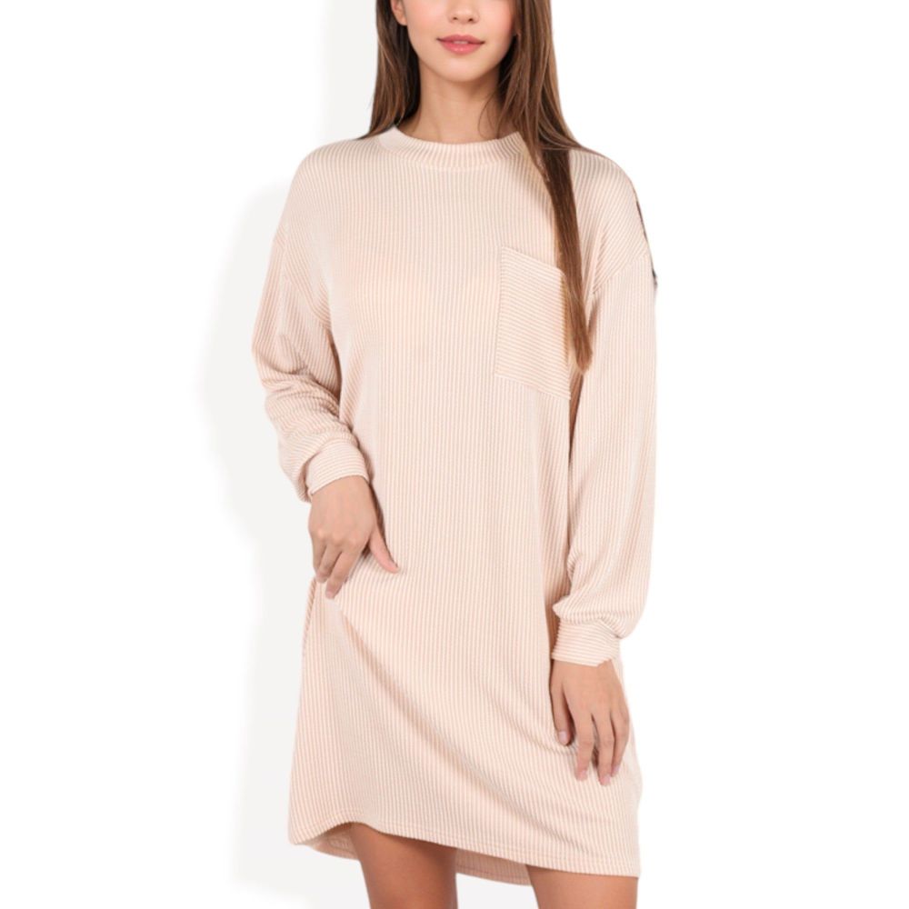 Long Sleeve Waffle Knit Oversized Tunic Dress with Front Pocket