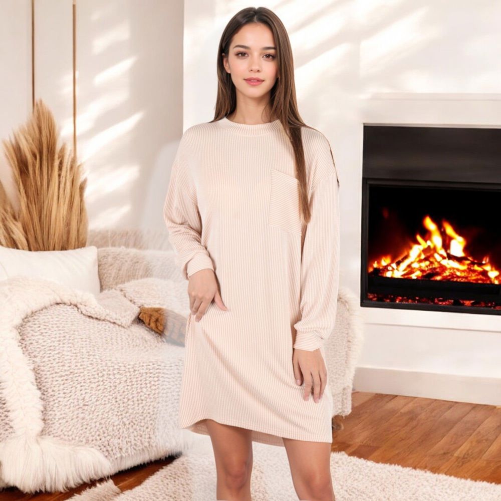 Long Sleeve Waffle Knit Oversized Tunic Dress with Front Pocket