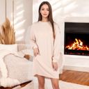 Beige Medium Long Sleeve Waffle Knit Oversized Tunic Dress with Front Pocket