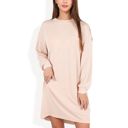 Beige XL Long Sleeve Waffle Knit Oversized Tunic Dress with Front Pocket