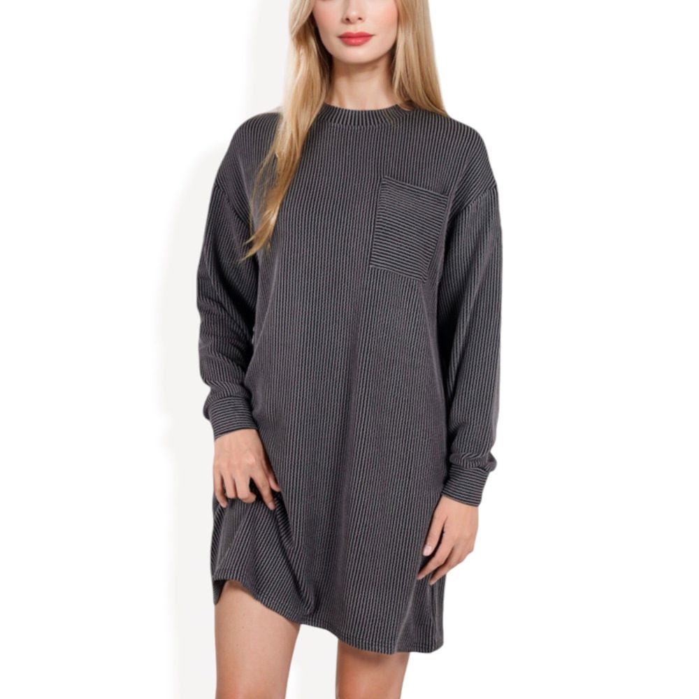 Long Sleeve Waffle Knit Oversized Tunic Dress with Front Pocket