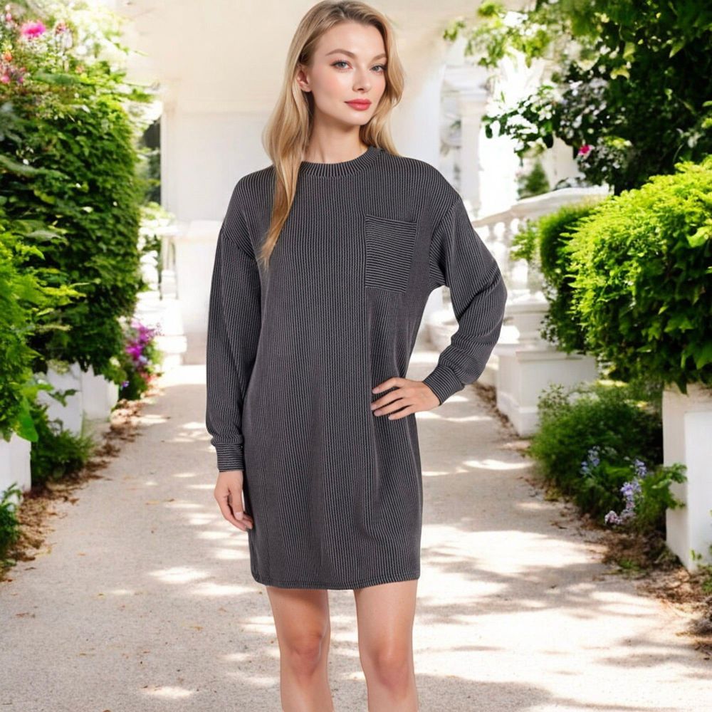 Long Sleeve Waffle Knit Oversized Tunic Dress with Front Pocket