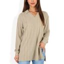  Ribbed Long Sleeve V-Neck Pullover Top with Collar and Side Slits