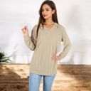  Ribbed Long Sleeve V-Neck Pullover Top with Collar and Side Slits