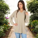  Ribbed Long Sleeve V-Neck Pullover Top with Collar and Side Slits