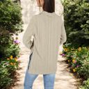  Ribbed Long Sleeve V-Neck Pullover Top with Collar and Side Slits