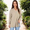  Ribbed Long Sleeve V-Neck Pullover Top with Collar and Side Slits