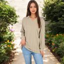  Ribbed Long Sleeve V-Neck Pullover Top with Collar and Side Slits