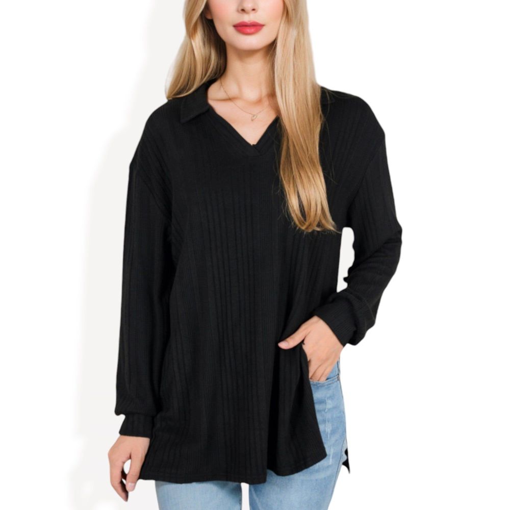 Ribbed Long Sleeve V-Neck Pullover Top with Collar and Side Slits