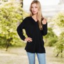 Black Large Ribbed Long Sleeve V-Neck Pullover Top with Collar and Side Slits