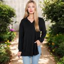 Black Large Ribbed Long Sleeve V-Neck Pullover Top with Collar and Side Slits