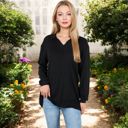 Black Large Ribbed Long Sleeve V-Neck Pullover Top with Collar and Side Slits