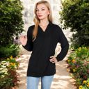 Black Large Ribbed Long Sleeve V-Neck Pullover Top with Collar and Side Slits