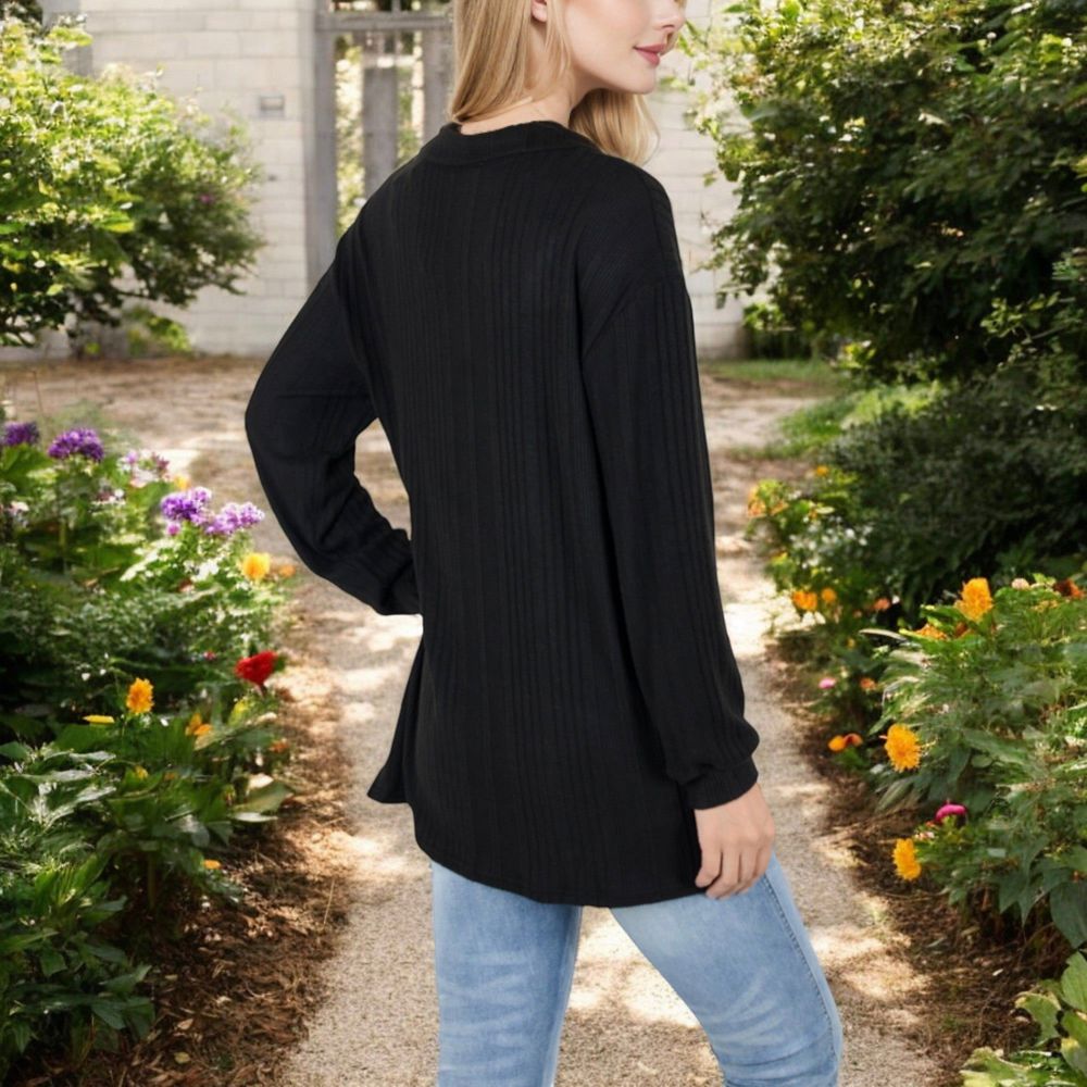 Ribbed Long Sleeve V-Neck Pullover Top with Collar and Side Slits