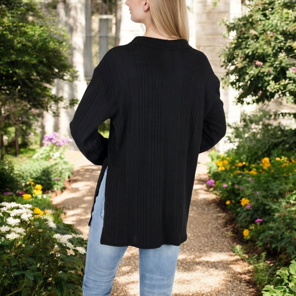 Ribbed Long Sleeve V-Neck Pullover Top with Collar and Side Slits