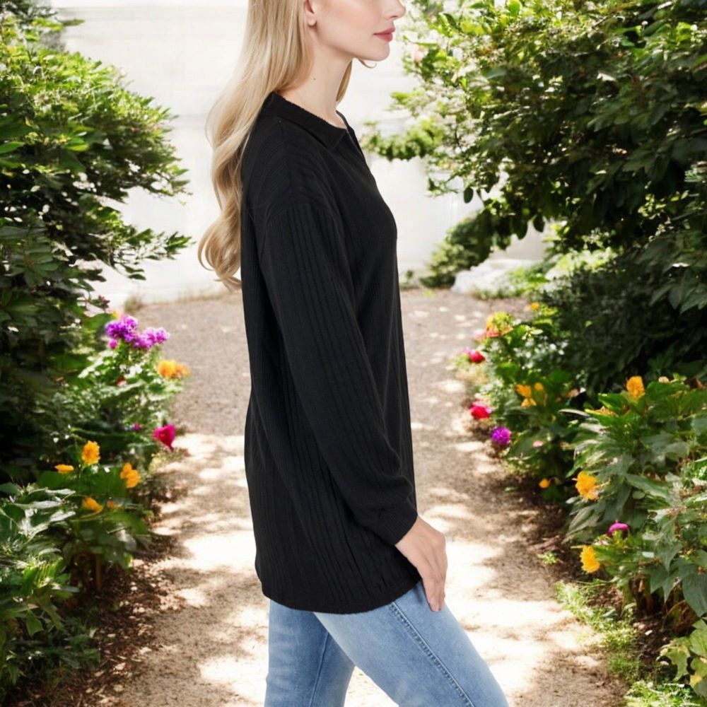 Ribbed Long Sleeve V-Neck Pullover Top with Collar and Side Slits