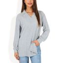 Gray Large Ribbed Long Sleeve V-Neck Pullover Top with Collar and Side Slits