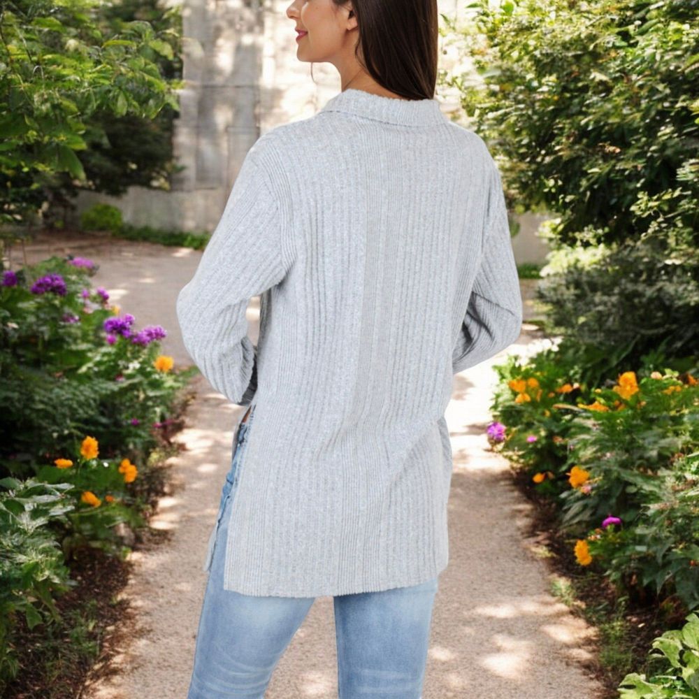 Ribbed Long Sleeve V-Neck Pullover Top with Collar and Side Slits