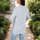 Gray Large Ribbed Long Sleeve V-Neck Pullover Top with Collar and Side Slits