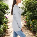 Gray Large Ribbed Long Sleeve V-Neck Pullover Top with Collar and Side Slits