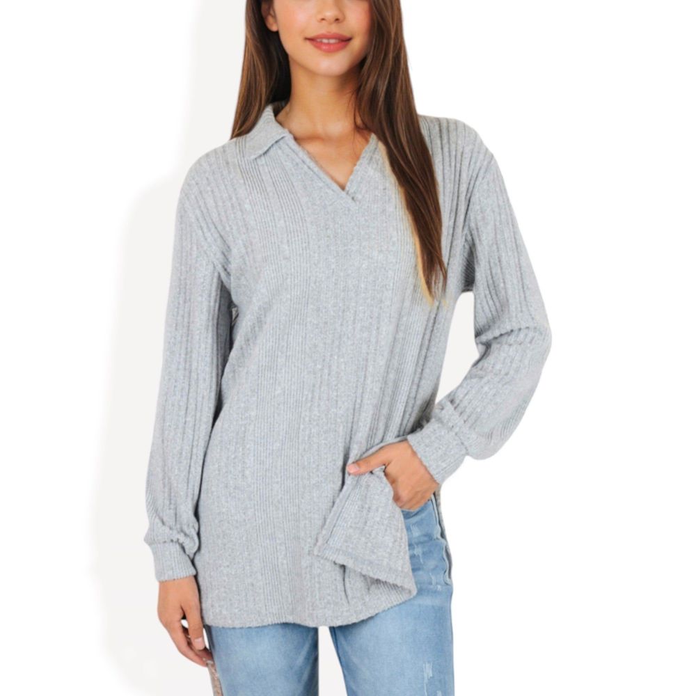 Ribbed Long Sleeve V-Neck Pullover Top with Collar and Side Slits