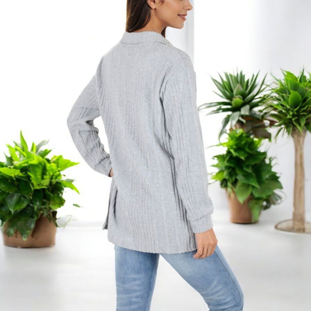 Ribbed Long Sleeve V-Neck Pullover Top with Collar and Side Slits