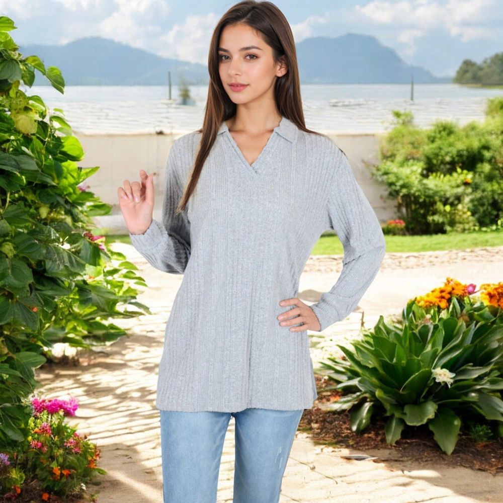 Ribbed Long Sleeve V-Neck Pullover Top with Collar and Side Slits