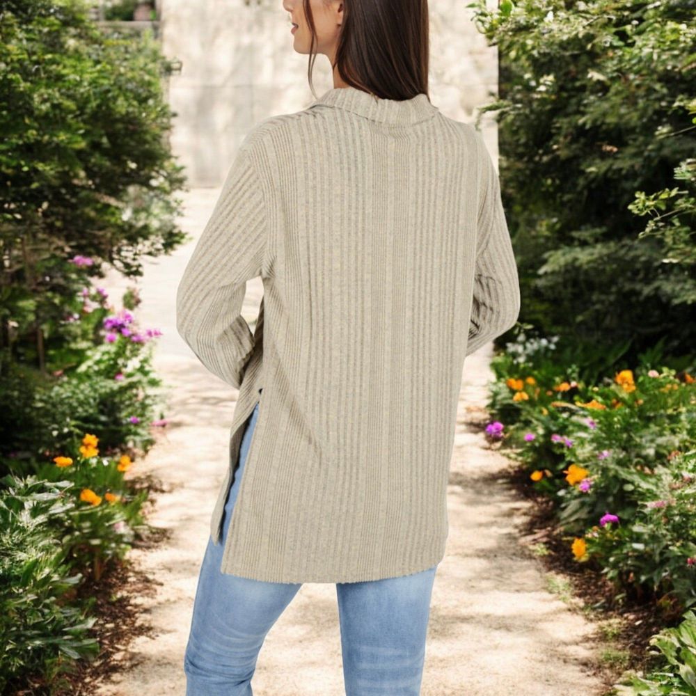 Ribbed Long Sleeve V-Neck Pullover Top with Collar and Side Slits