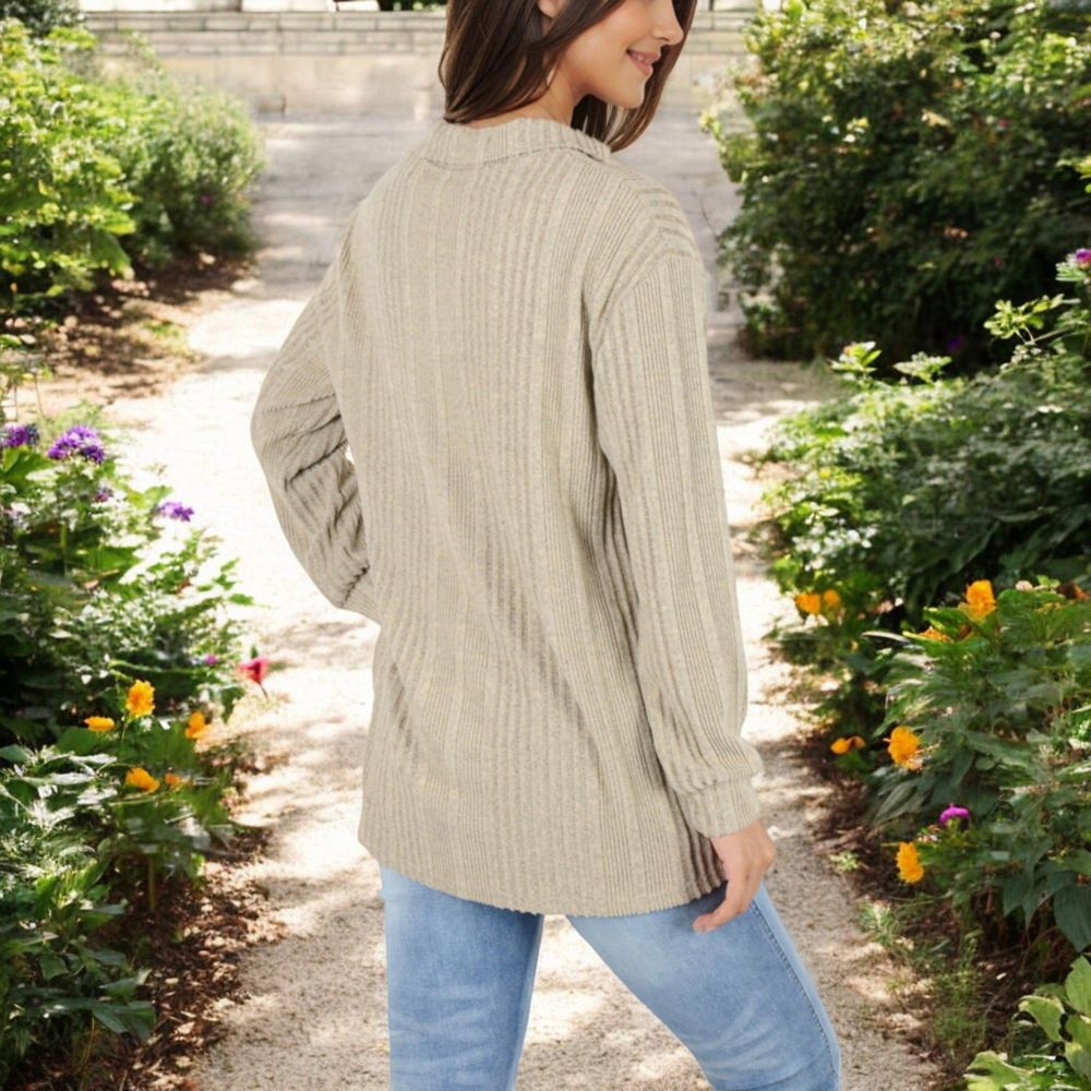 Ribbed Long Sleeve V-Neck Pullover Top with Collar and Side Slits