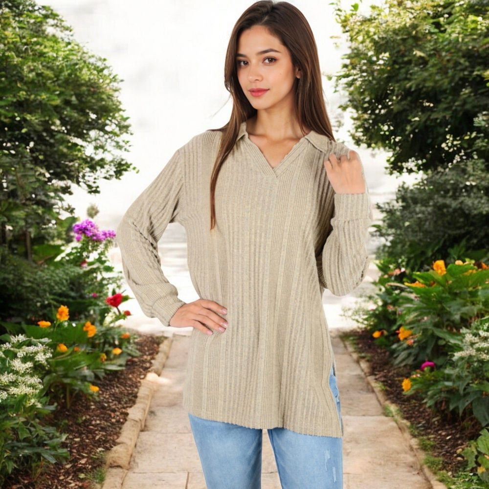 Ribbed Long Sleeve V-Neck Pullover Top with Collar and Side Slits