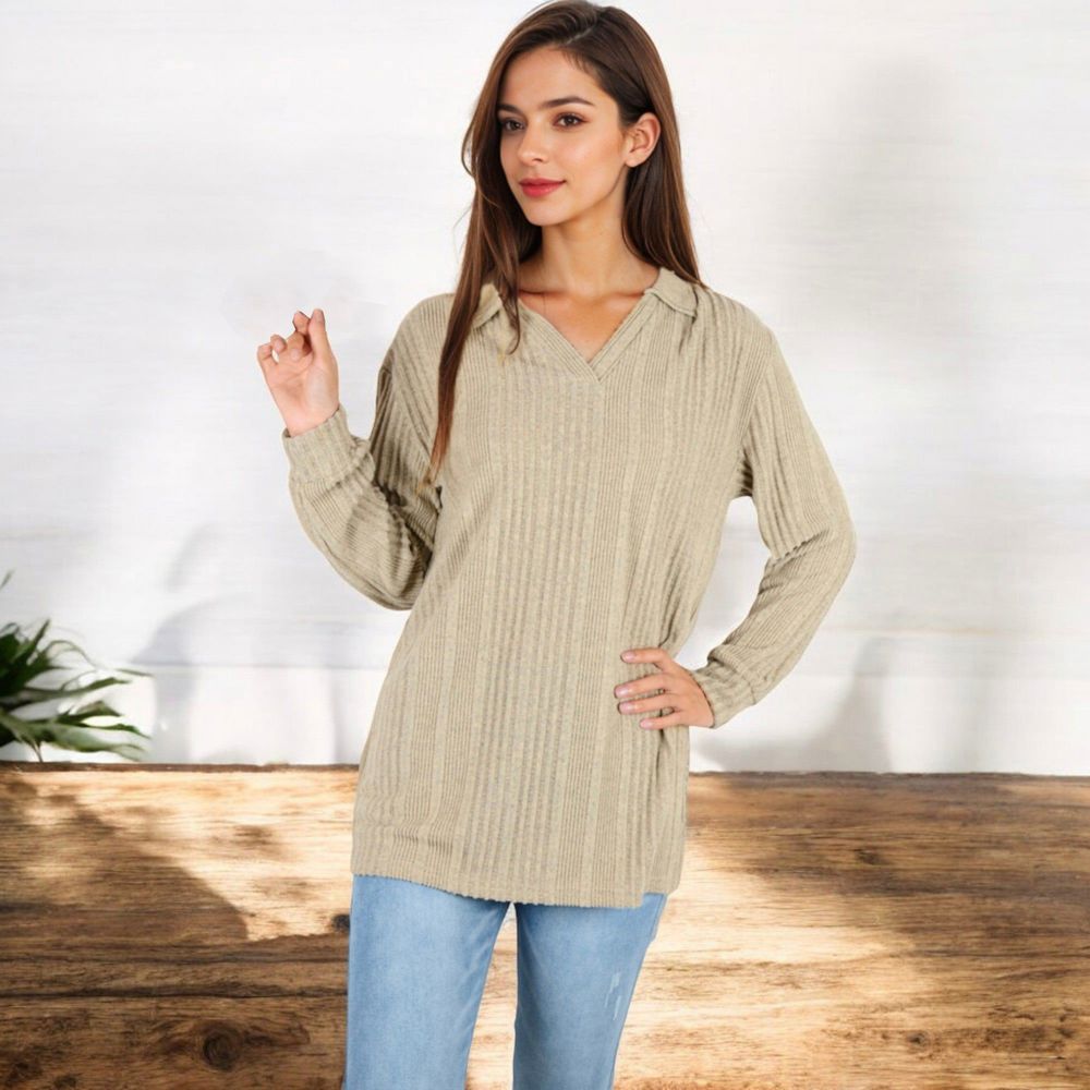 Ribbed Long Sleeve V-Neck Pullover Top with Collar and Side Slits