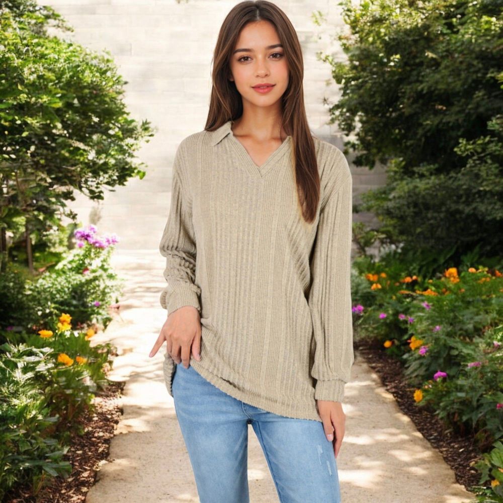 Ribbed Long Sleeve V-Neck Pullover Top with Collar and Side Slits