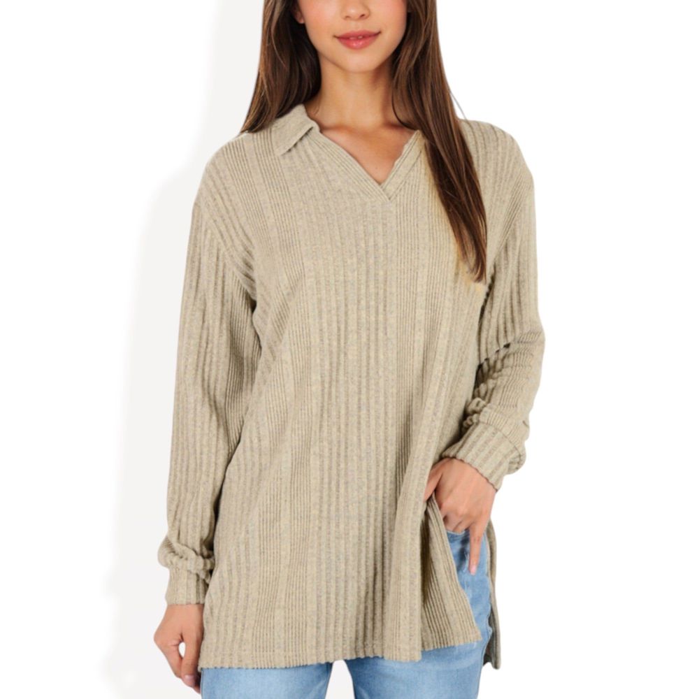 Ribbed Long Sleeve V-Neck Pullover Top with Collar and Side Slits