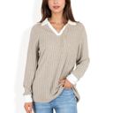  Ribbed Long Sleeve Pullover Top with Layered V-Neck and Collar