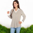  Ribbed Long Sleeve Pullover Top with Layered V-Neck and Collar