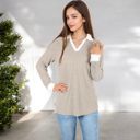  Ribbed Long Sleeve Pullover Top with Layered V-Neck and Collar