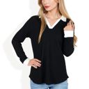 Black Large Ribbed Long Sleeve Pullover Top with Layered V-Neck and Collar