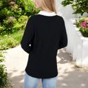 Black Large Ribbed Long Sleeve Pullover Top with Layered V-Neck and Collar