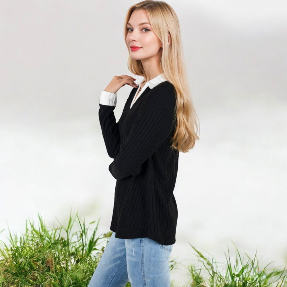 Ribbed Long Sleeve Pullover Top with Layered V-Neck and Collar