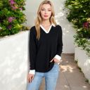 Black Large Ribbed Long Sleeve Pullover Top with Layered V-Neck and Collar