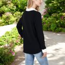 Black Large Ribbed Long Sleeve Pullover Top with Layered V-Neck and Collar