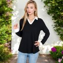 Black Large Ribbed Long Sleeve Pullover Top with Layered V-Neck and Collar