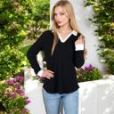 Black Large Ribbed Long Sleeve Pullover Top with Layered V-Neck and Collar