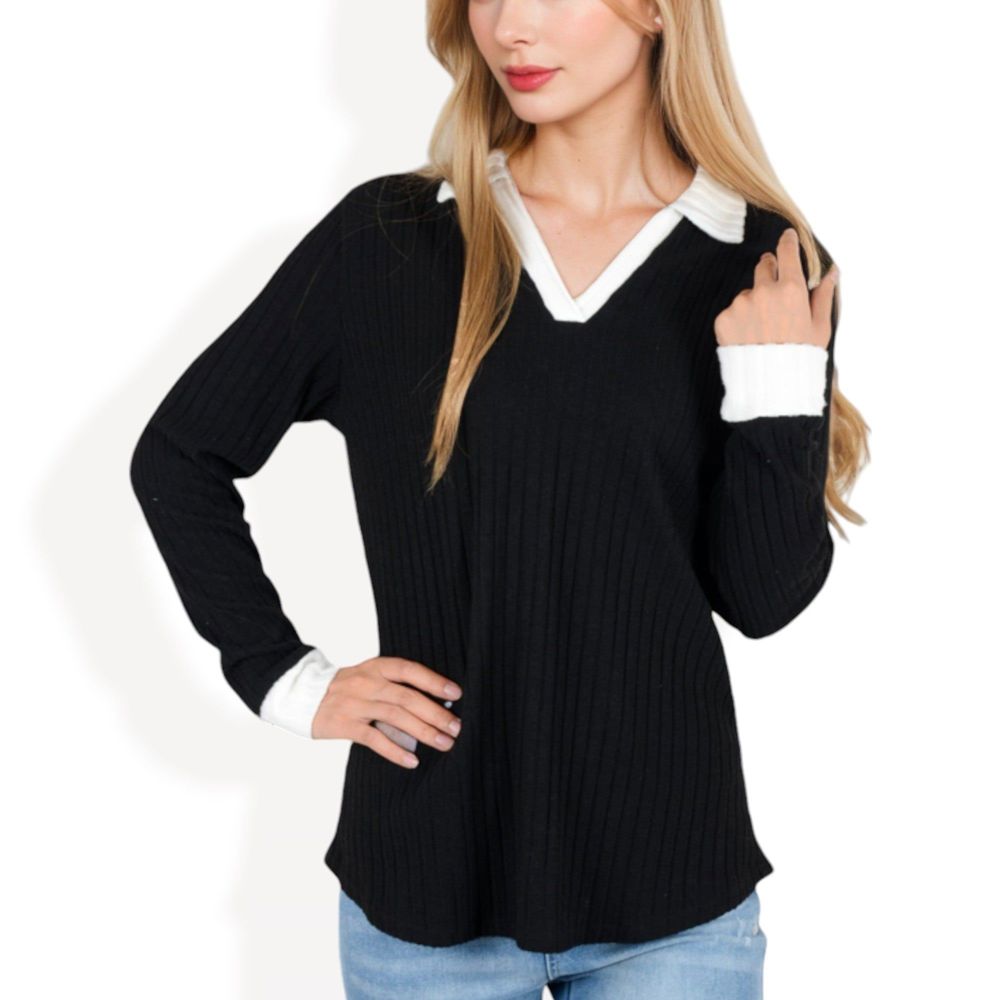 Ribbed Long Sleeve Pullover Top with Layered V-Neck and Collar